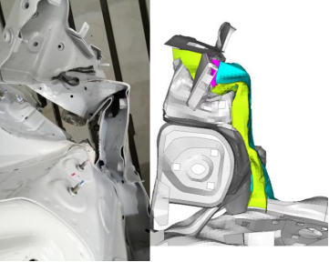图5 100%正碰前纵梁变形模式对比